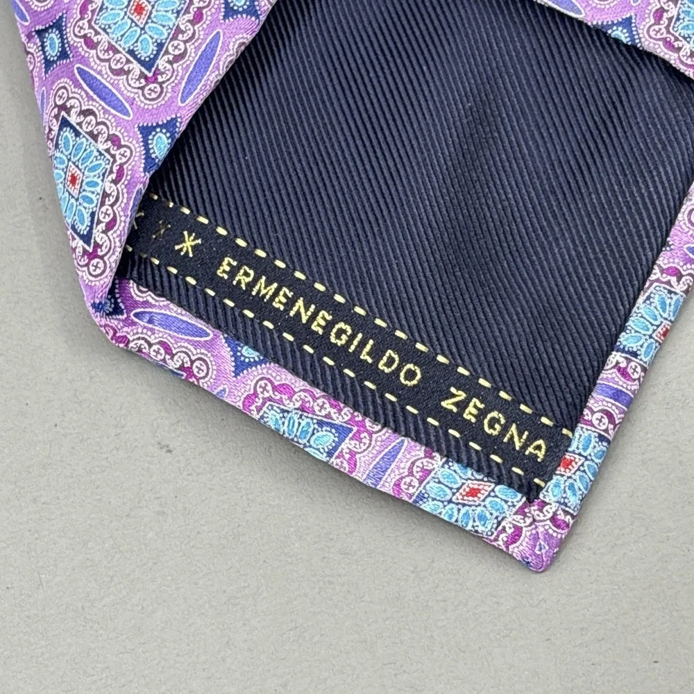 Ermenegildo Zegna Tie Purple Blue Geometric Medallion‎ Satin Silk Italy Luxury